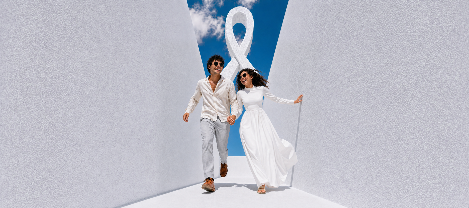 A joyful couple running through white architecture under a blue sky
